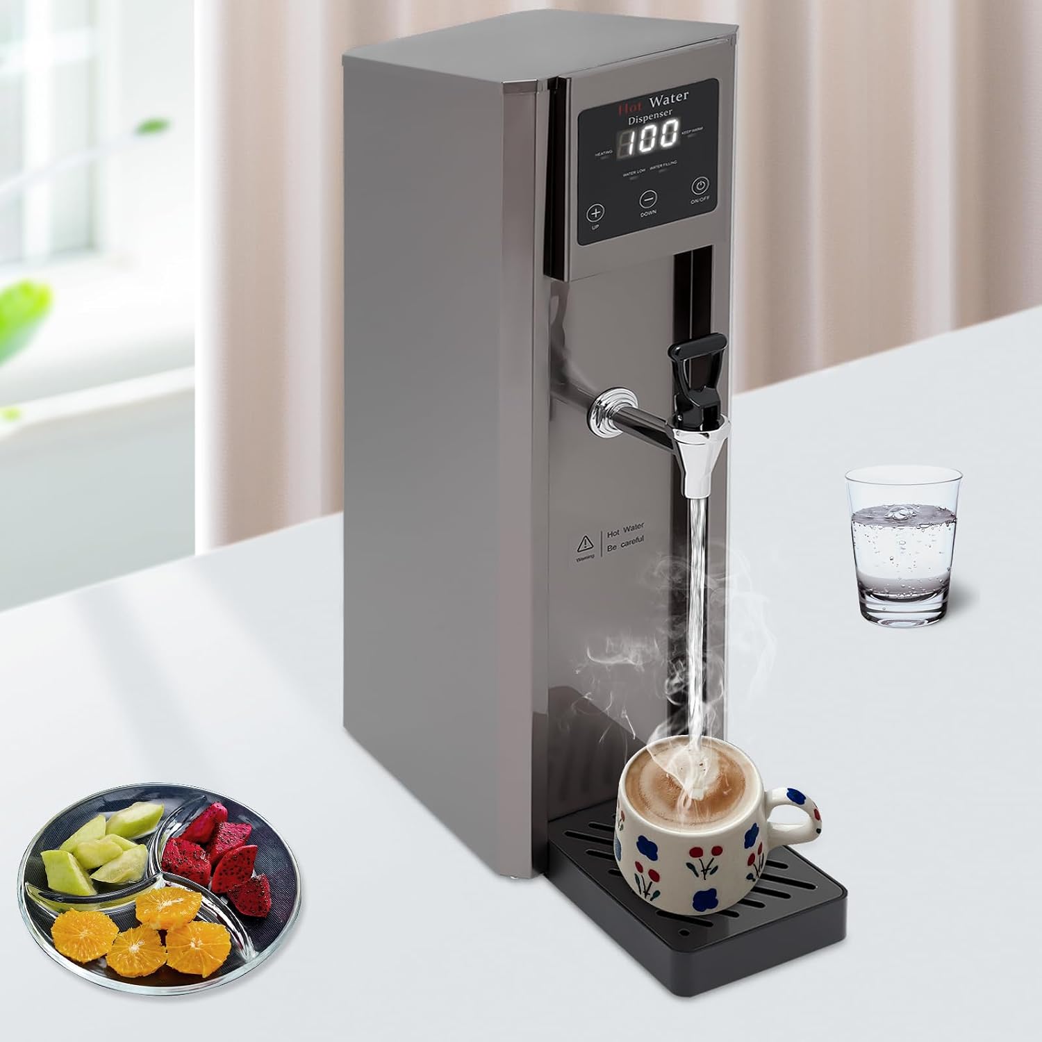 Step-Heating Commercial Hot Water Dispenser Countertop 3000W Fast Ready Water Boiler Machine Automatic 10L Water Boiler for Restaurant, Home, Office(10L,Silver,Style 3)