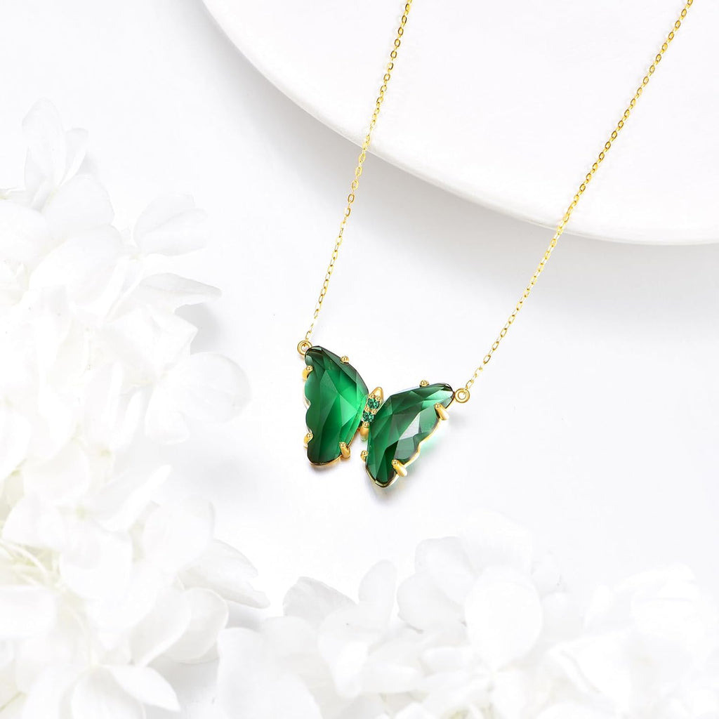 DOVRAN Real Solid Gold Birthstone Butterfly/Dragonfly/Bee/Hummingbird Necklace for Women Yellow Gold Animal Pendant for Christmas Dainty Jewelry Birthday Gifts for Mom Wife