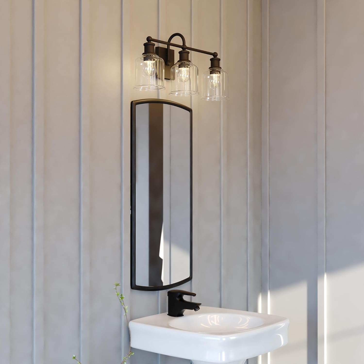 VAXCEL Northbrook 3-Light 24 in. Wide Matte Black Traditional Bathroom Vanity Lighting Fixture, Clear Seeded Glass Shade, Dimmable, LED Compatible, Over The Mirror Mounted Steel Wall Sconce