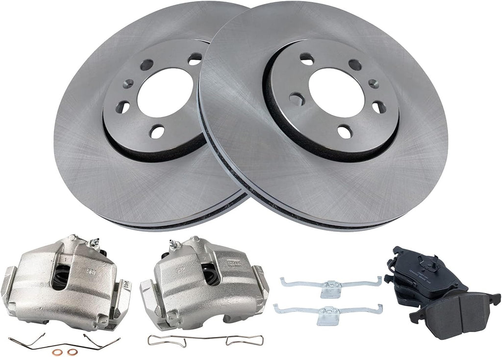 TRQ Front Brake Pad and Rotor Set Ceramic Vented Rotors Calipers Compatible with 2005 Volkswagen Jetta