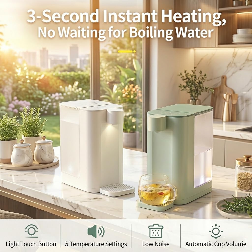 Instant Hot Water Dispenser Countertop, Electric Water Boiler with Child Lock & 5 Temp Settings for Tea, Coffee & Baby Formula, 3L Low-Noise,3L/102oz,Green
