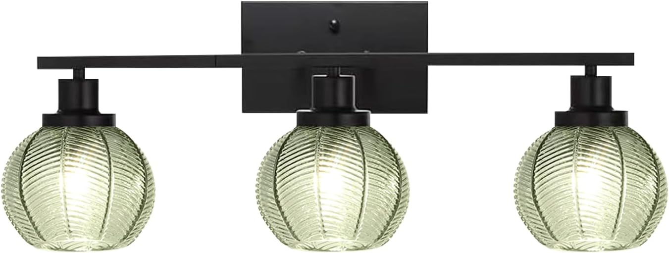 Farmhouse 3-Light Sage Green Glass Vanity Wall Light Fixture | Industrial 3-Light Sage Green Ribbed Globe Wall Sconce, E26 Lighting For Laundry, Powder Room, Hallway