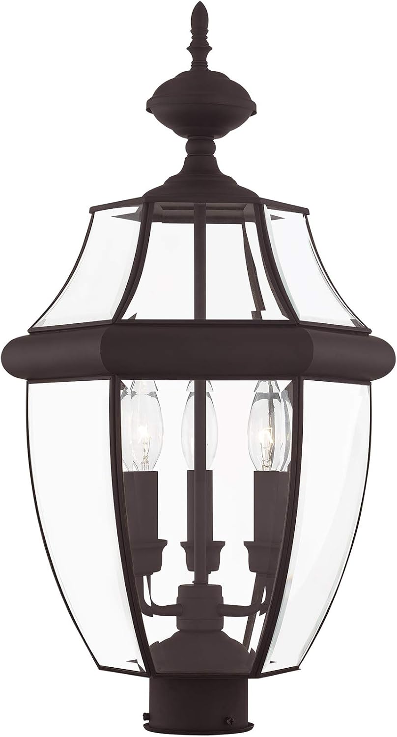 Livex Lighting 2354-07 Monterey 3 Light Outdoor Bronze Finish Solid Brass Post Head with Clear Beveled Glass