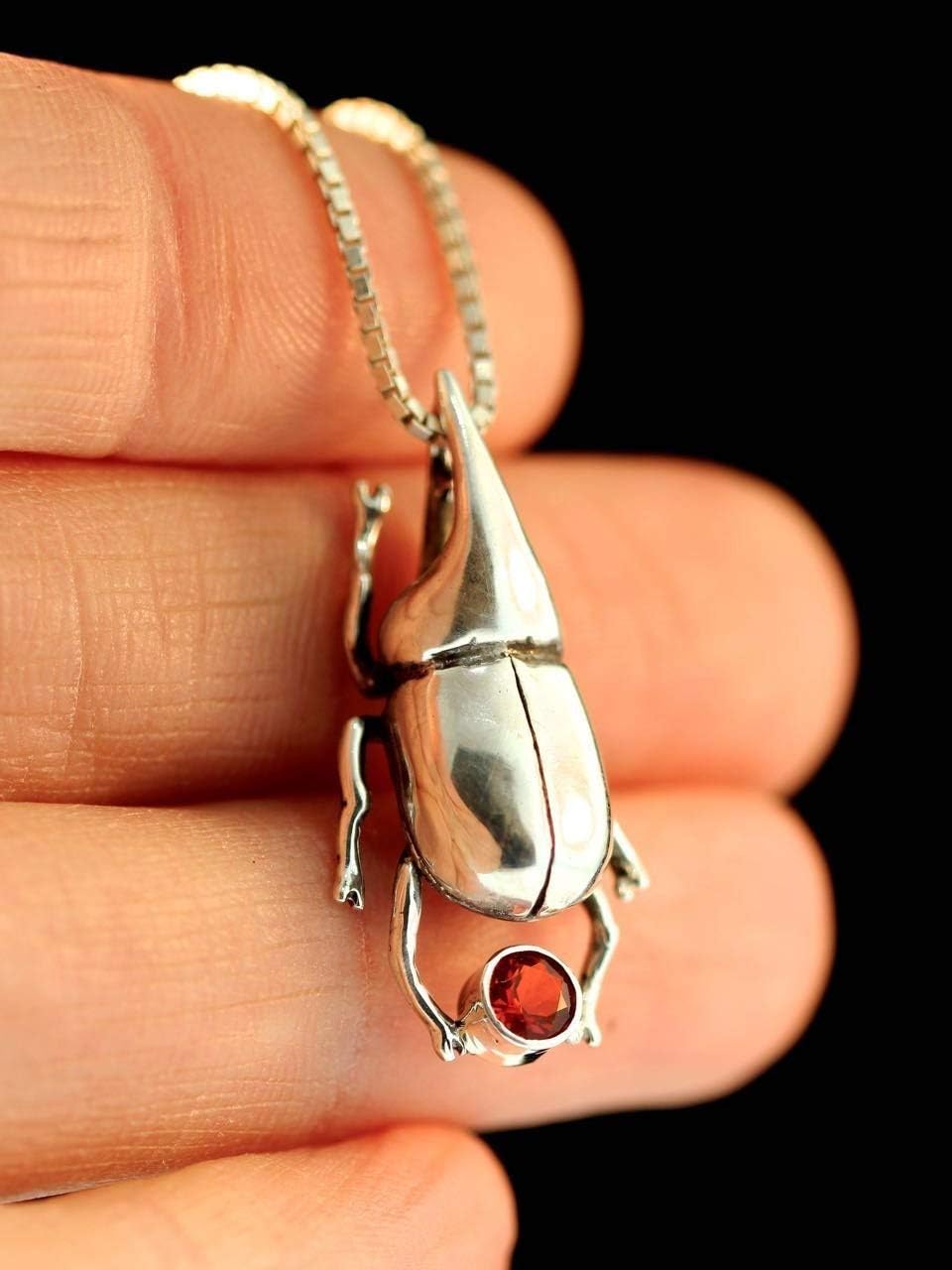 Bug Jewelry Sterling Silver Rhinoceros Beetle Pendant with Gemstone