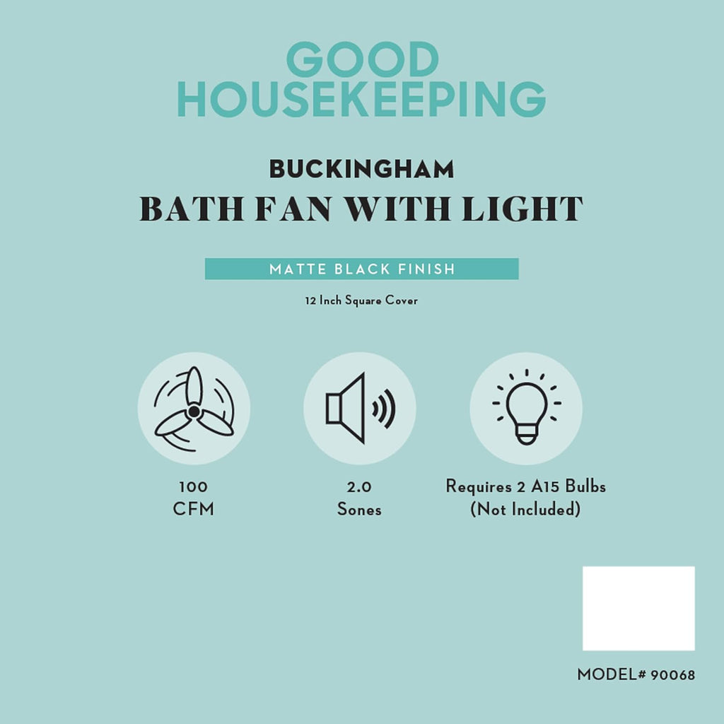 Good Housekeeping (90068) Buckingham 100 CFM 2.0 Sones Decorative Bathroom Ventilation Exhaust Fan with Light & Night-Light in Matte Black