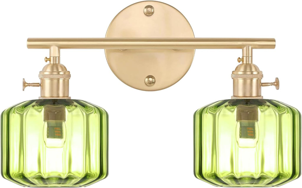 Bathroom Vanity Lighting Mid Century Wall Sconce 2-Light Farmhouse Gold Brass Brushed Bathroom Wall Light Fixtures with Green Striped Hand Blown Glass Shade for Bedroom Living Room