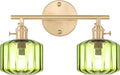 Bathroom Vanity Lighting Mid Century Wall Sconce 2-Light Farmhouse Gold Brass Brushed Bathroom Wall Light Fixtures with Green Striped Hand Blown Glass Shade for Bedroom Living Room