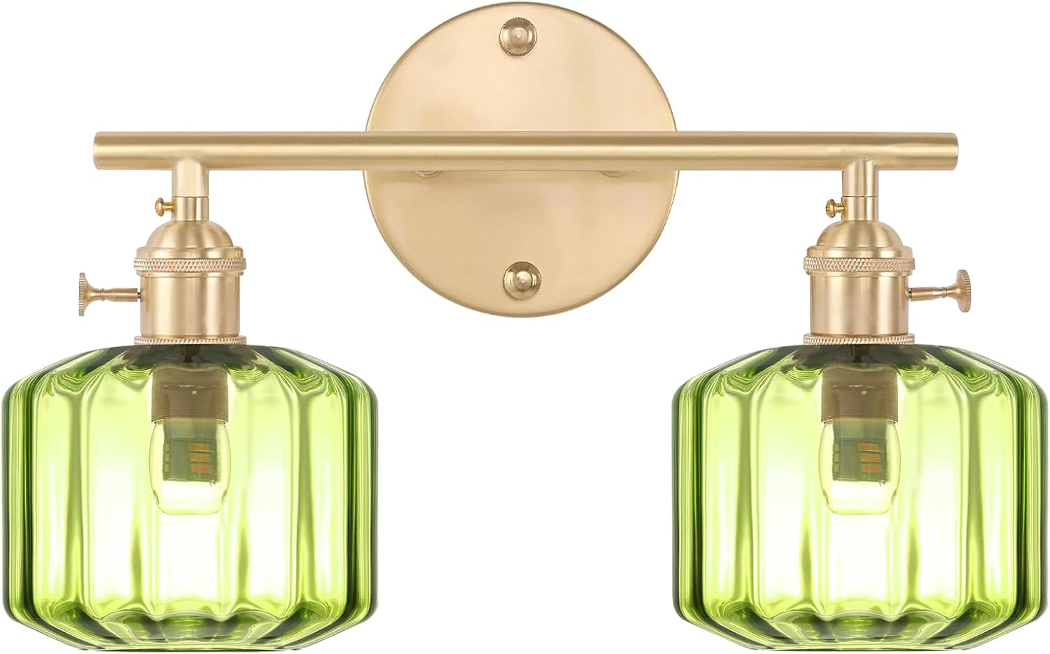Bathroom Vanity Lighting Mid Century Wall Sconce 2-Light Farmhouse Gold Brass Brushed Bathroom Wall Light Fixtures with Green Striped Hand Blown Glass Shade for Bedroom Living Room