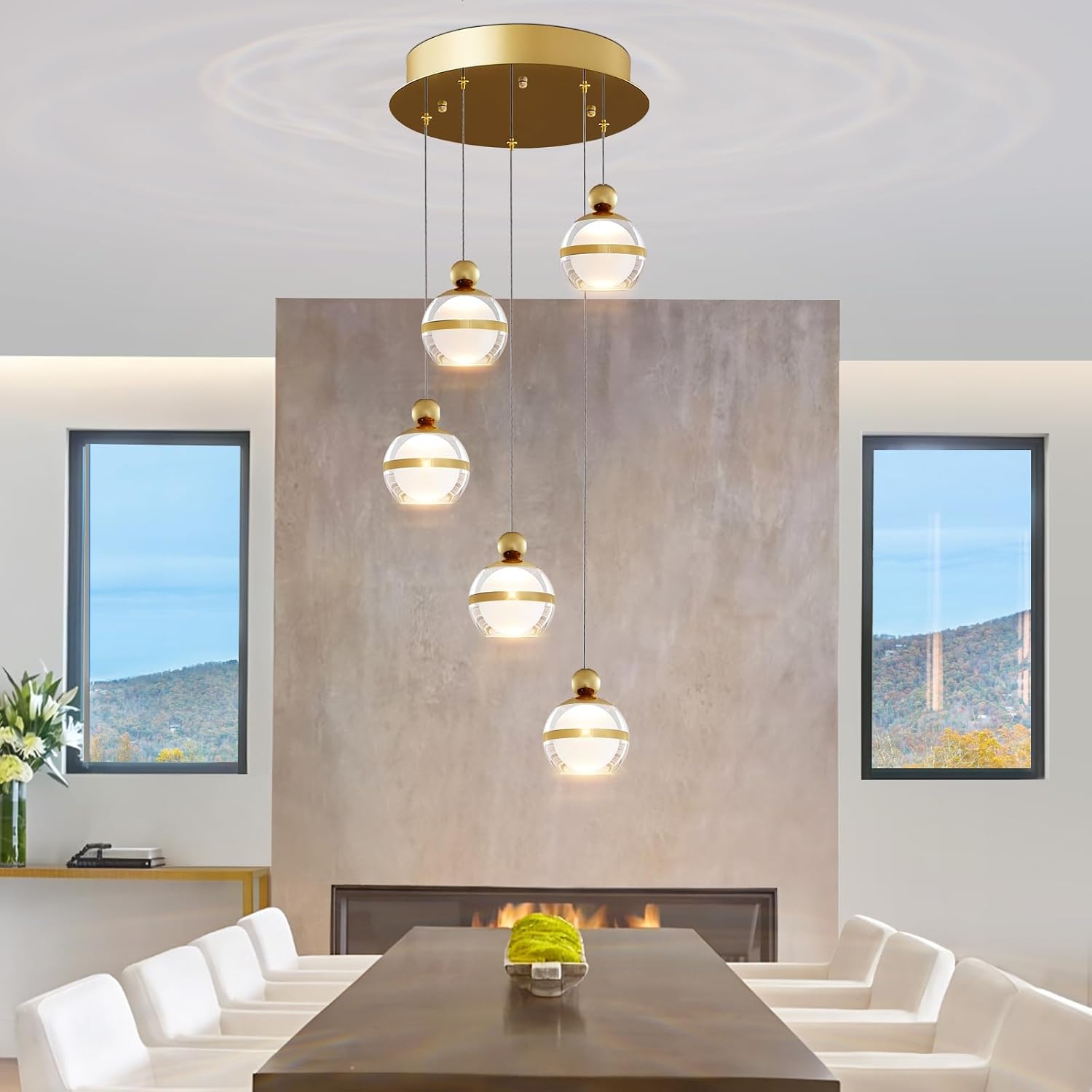 5-Light Gold Chandelier, 32W Modern LED Chandeliers, Adjustable Globe Hanging Ceiling Light Chandelier for Living Room Dining Room Foyer Staircase Entryway