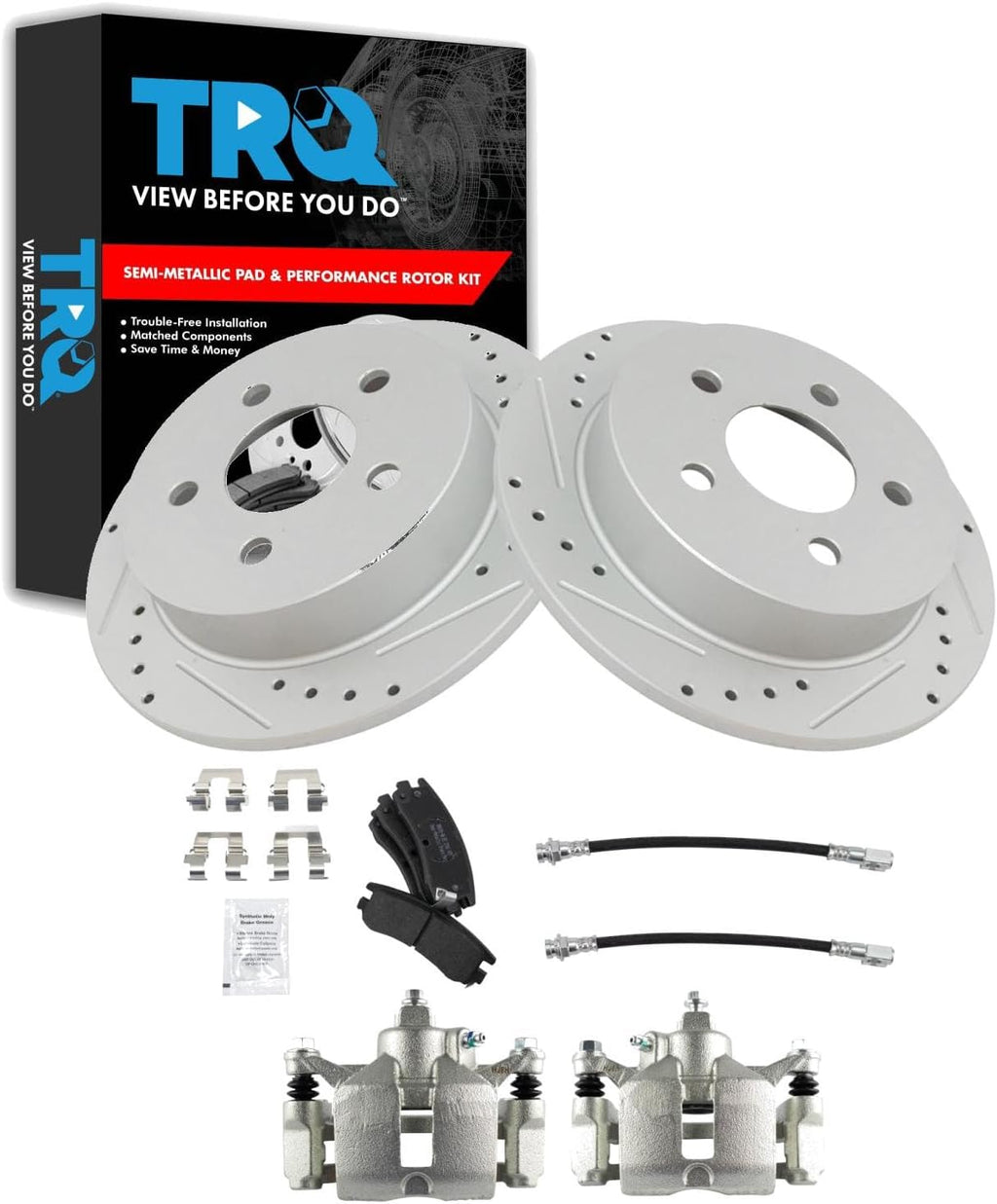 TRQ Brake Pad & Rotor Kit Slotted X Drilled Performance Semi-Metallic Premium G-Coated Compatible with 99-05 Buick 00-05 Chevrolet 99-02 Oldsmobile 99-03 Pontiac