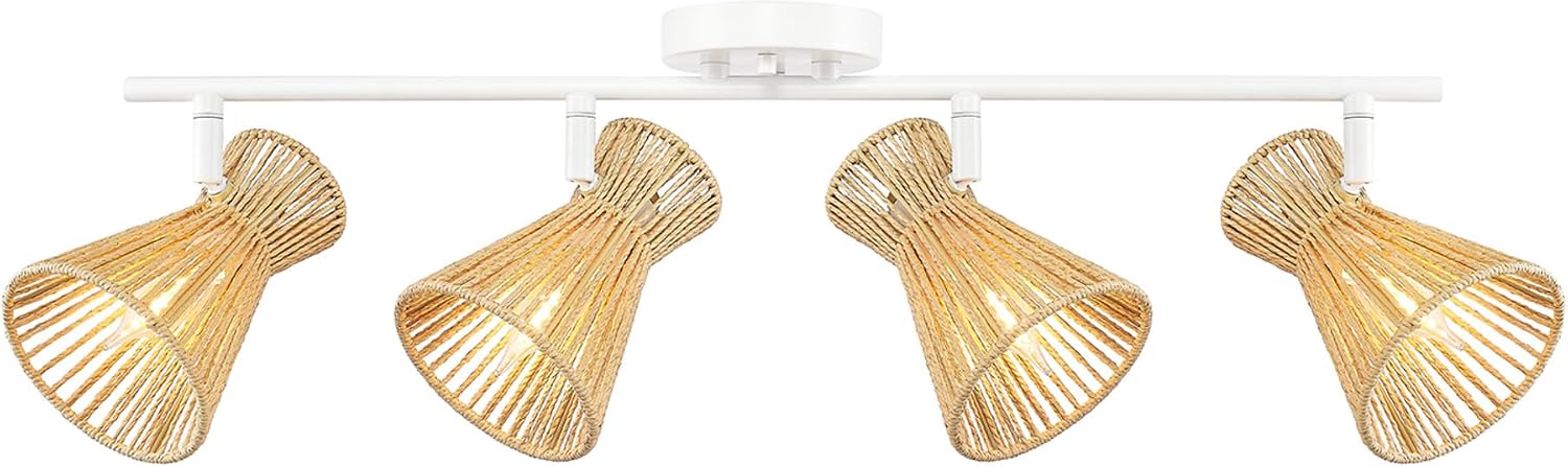 Globe Electric 64000050 28' 4-Light Track Lighting, Matte White, Natural Twine Shades, Ceiling Light, Pivot Shade, Kitchen Lights, 4 Bulb Track-Light