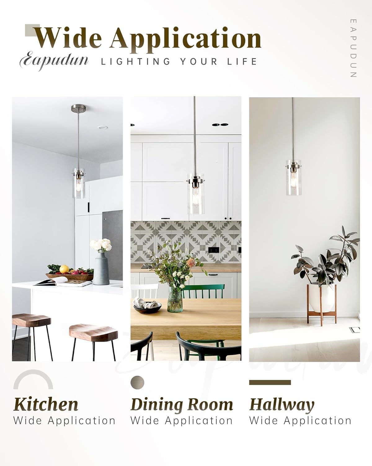 EAPUDUN Pendant Lights Kitchen Island (3 Pack), Clear Glass Shade Kitchen Lighting fixtures Ceiling Hanging, Brushed Nickel Light for Kitchen Island,Dining Room,Corridor Bedroom E26 Base