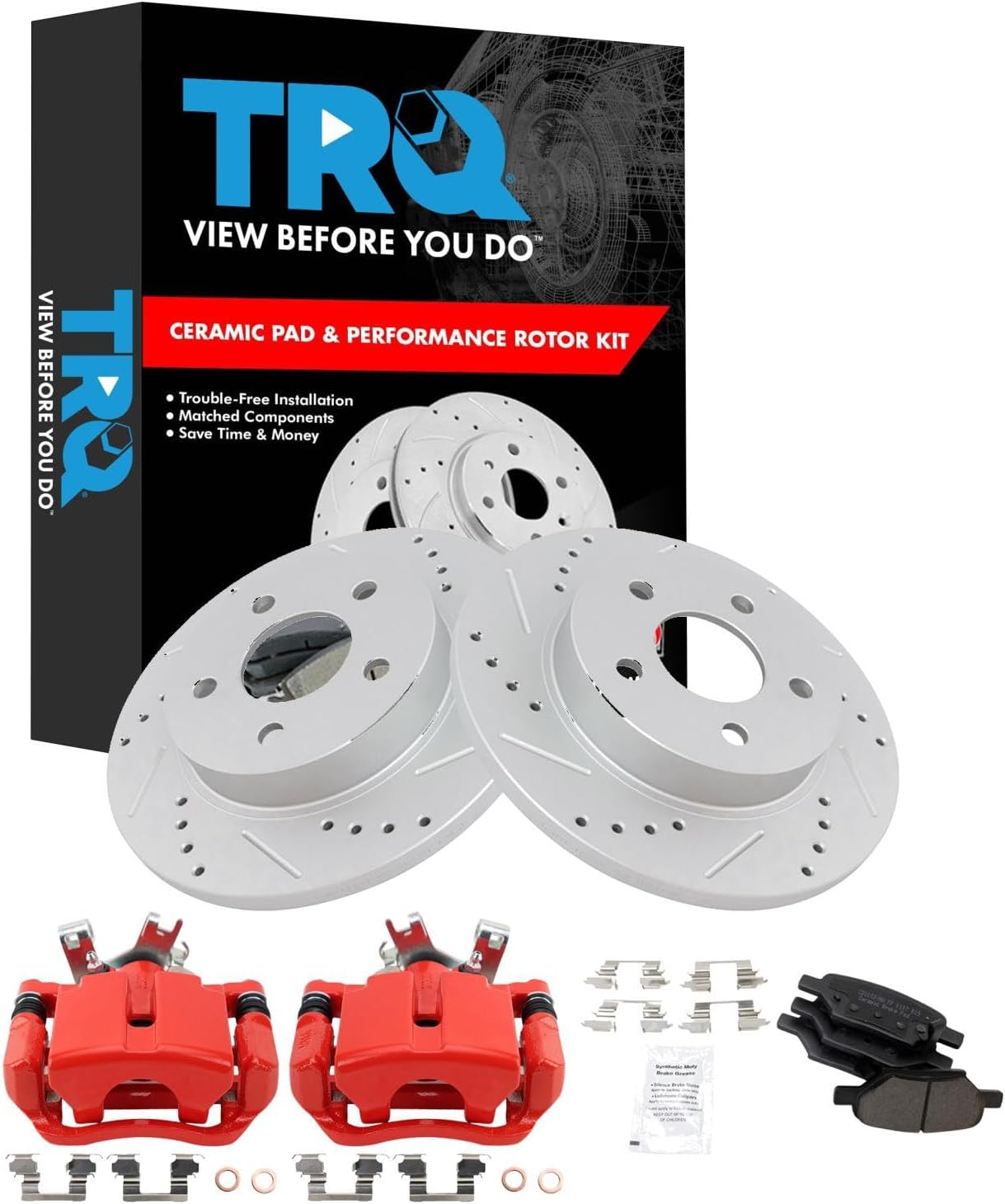 TRQ Performance Rear Brake Pad and Rotor Set Ceramic Coated Drilled Slotted Rotors Calipers Compatible with 2004-2012 Chevrolet Malibu 2005-2010 Pontiac G6 2007-2009 Saturn Aura