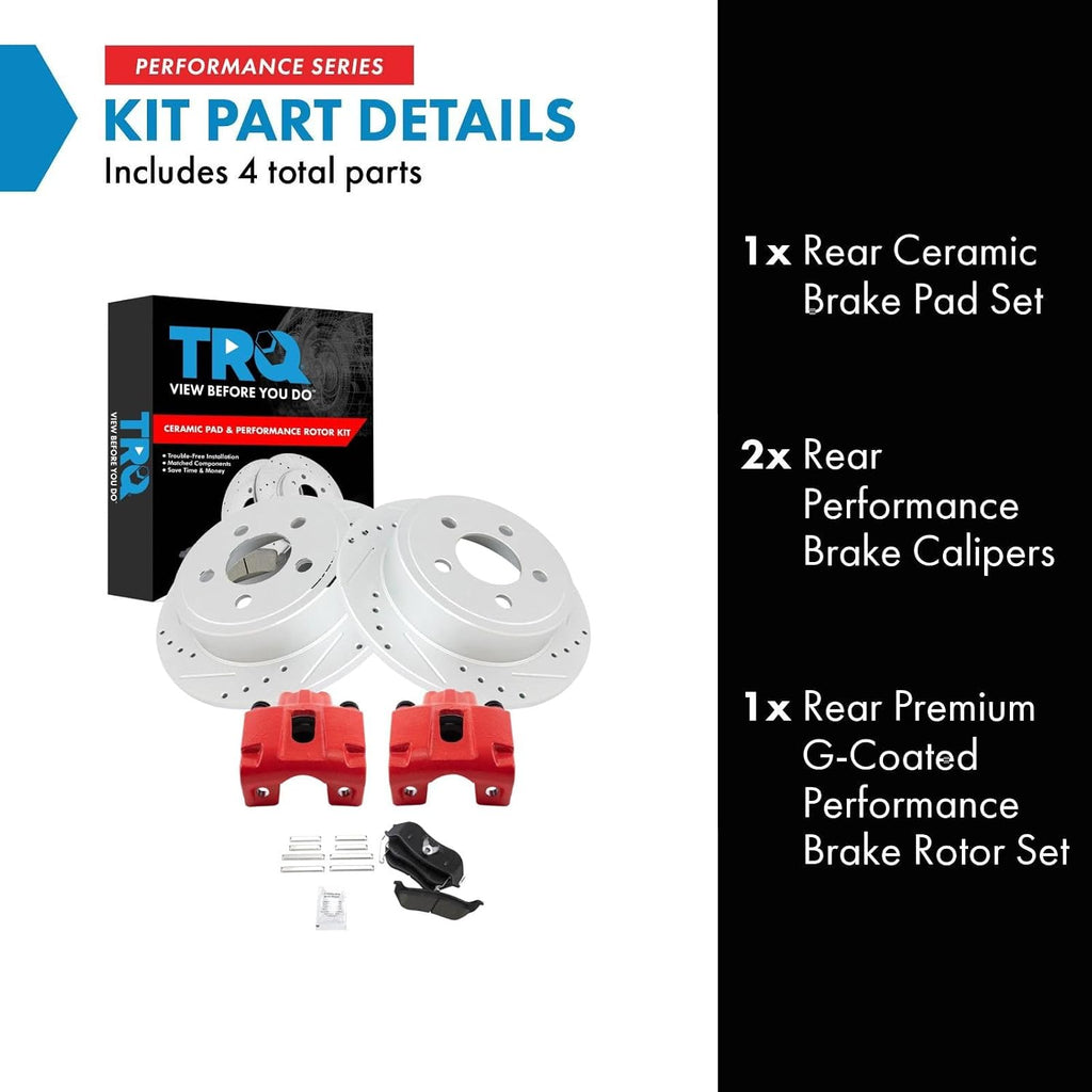 TRQ Performance Rear Brake Pad and Rotor Set Ceramic Coated Drilled Slotted Rotors Calipers Red Compatible with 2003-2007 Jeep Liberty 2003-2006 Wrangler