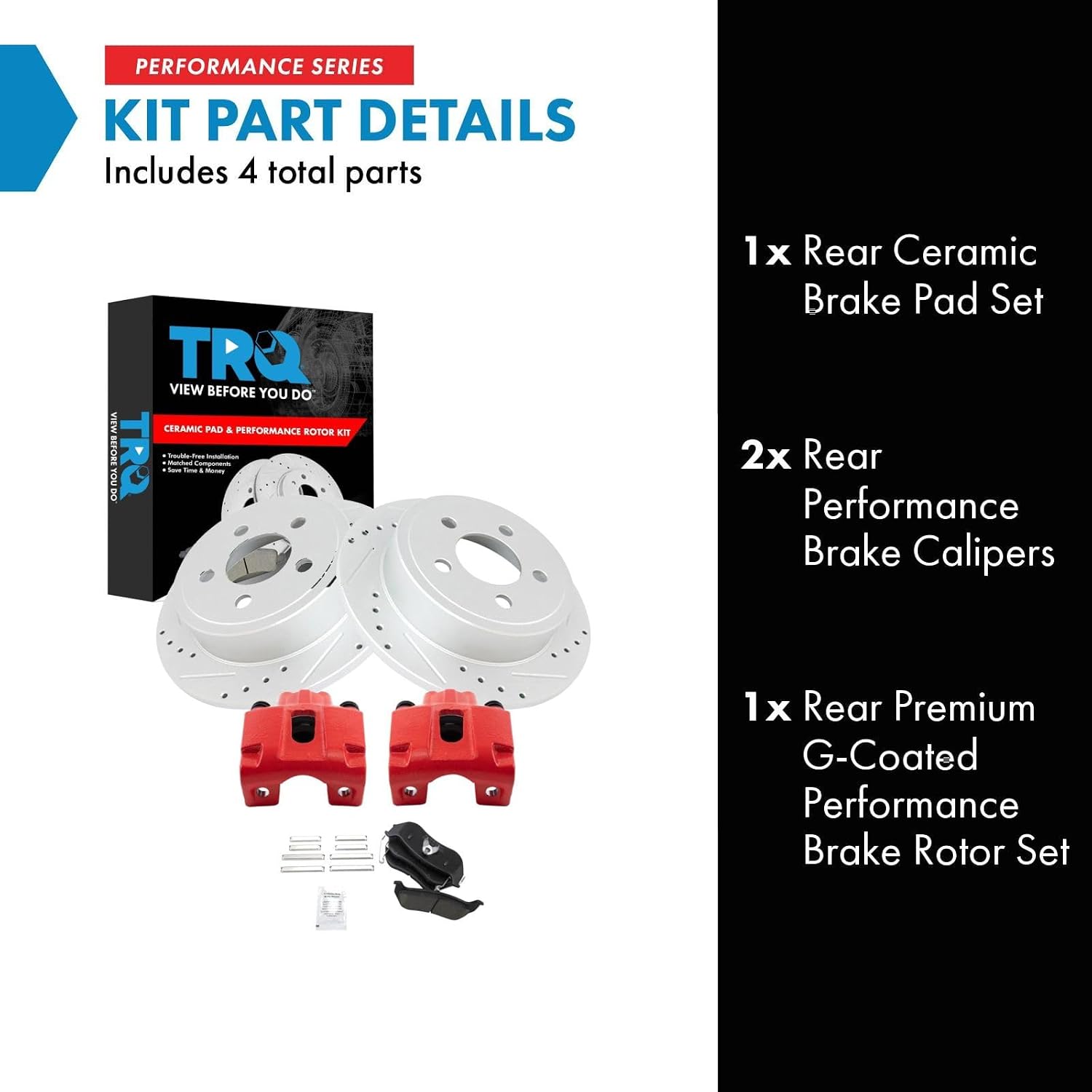 TRQ Performance Rear Brake Pad and Rotor Set Ceramic Coated Drilled Slotted Rotors Calipers Red Compatible with 2003-2007 Jeep Liberty 2003-2006 Wrangler
