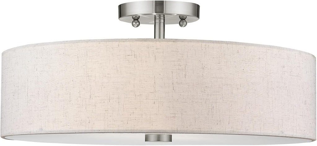 Livex Lighting 52136-91 Meridian Collection 4-Light Semi Flush Mount Ceiling Fixture with Oatmeal Color Fabric Hardback Drum Shade and Satin White Diffuser, Brushed Nickel