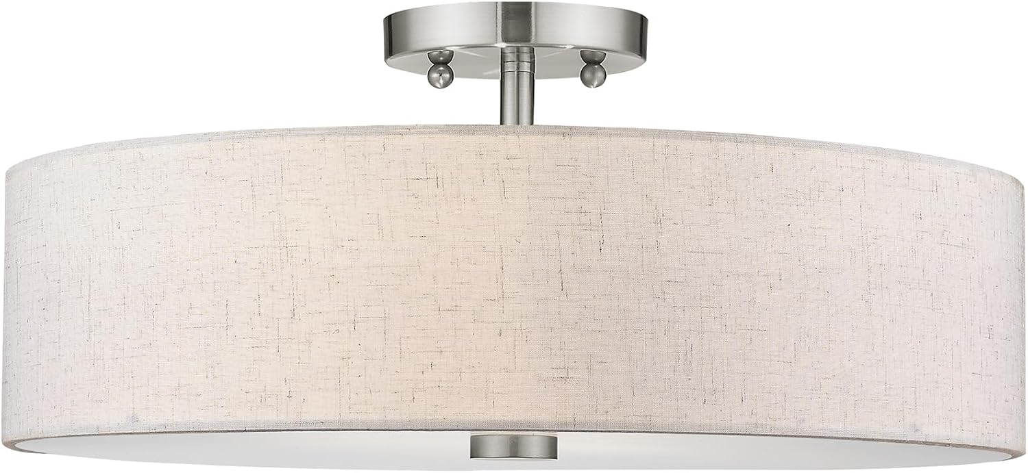 Livex Lighting 52136-91 Meridian Collection 4-Light Semi Flush Mount Ceiling Fixture with Oatmeal Color Fabric Hardback Drum Shade and Satin White Diffuser, Brushed Nickel