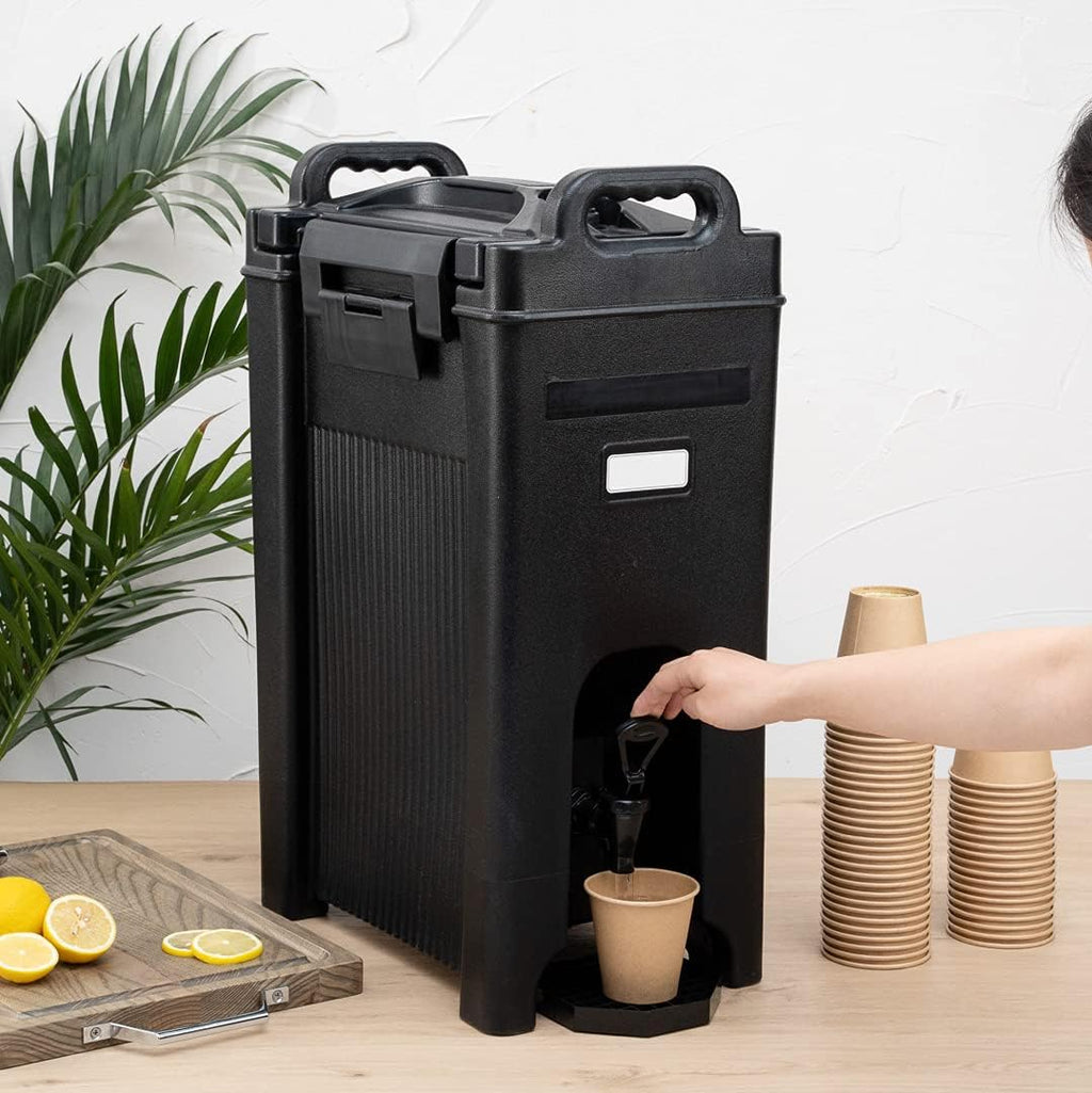 Restaurantware Cater Tek 5 Gallon Beverage Dispenser 1 Insulated Drink Dispenser - Built-In Handles For Hot and Cold Drinks Black Plastic Beverage Server Use At Parties or Restaurants