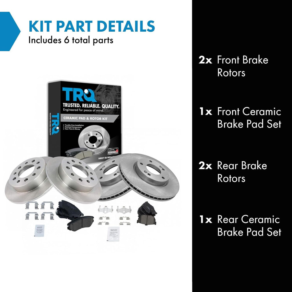 TRQ Front and Rear Brake Pad and Rotor Set Ceramic Vented Solid Rotors Compatible with 2003-2008 Hyundai Tiburon