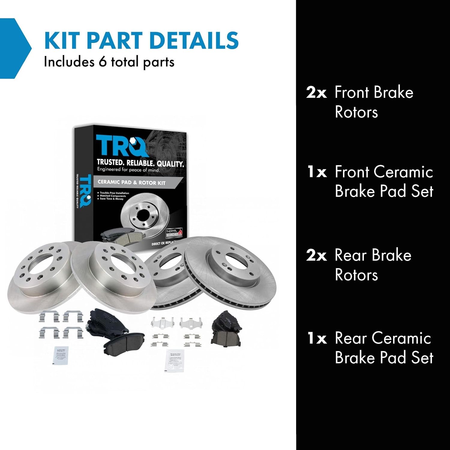 TRQ Front and Rear Brake Pad and Rotor Set Ceramic Vented Solid Rotors Compatible with 2003-2008 Hyundai Tiburon