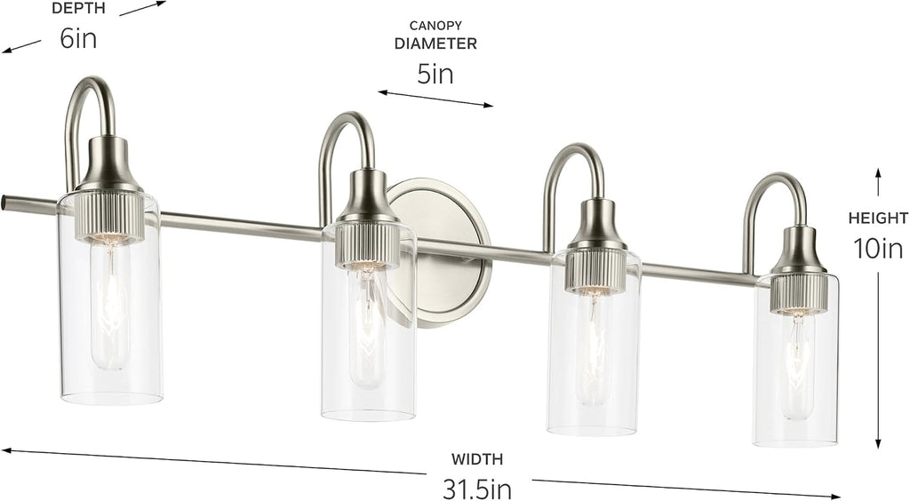 Kichler Kavi 31.5' 4-Light Bathroom Vanity Light Fixture with Clear Glass in Brushed Nickel, Damp Rated Modern Wall Mount for Powder Room Over Mirror (31.5' W x 10' H), 55212NI