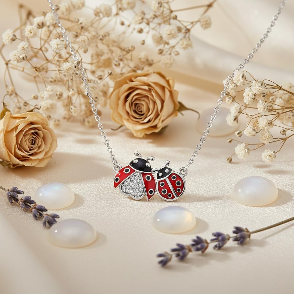 Diamond Ladybug Necklace for Women 925 Sterling Silver Lab Grown Diamond Double Ladybug Pendant Necklace Jewelry Gift for Her