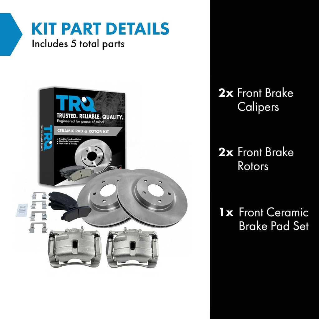 TRQ Front Ceramic Brake Pad and Rotor Set Includes Calipers Compatible with 2008-2013 Nissan Rogue 2014-2015 Nissan Rogue Select