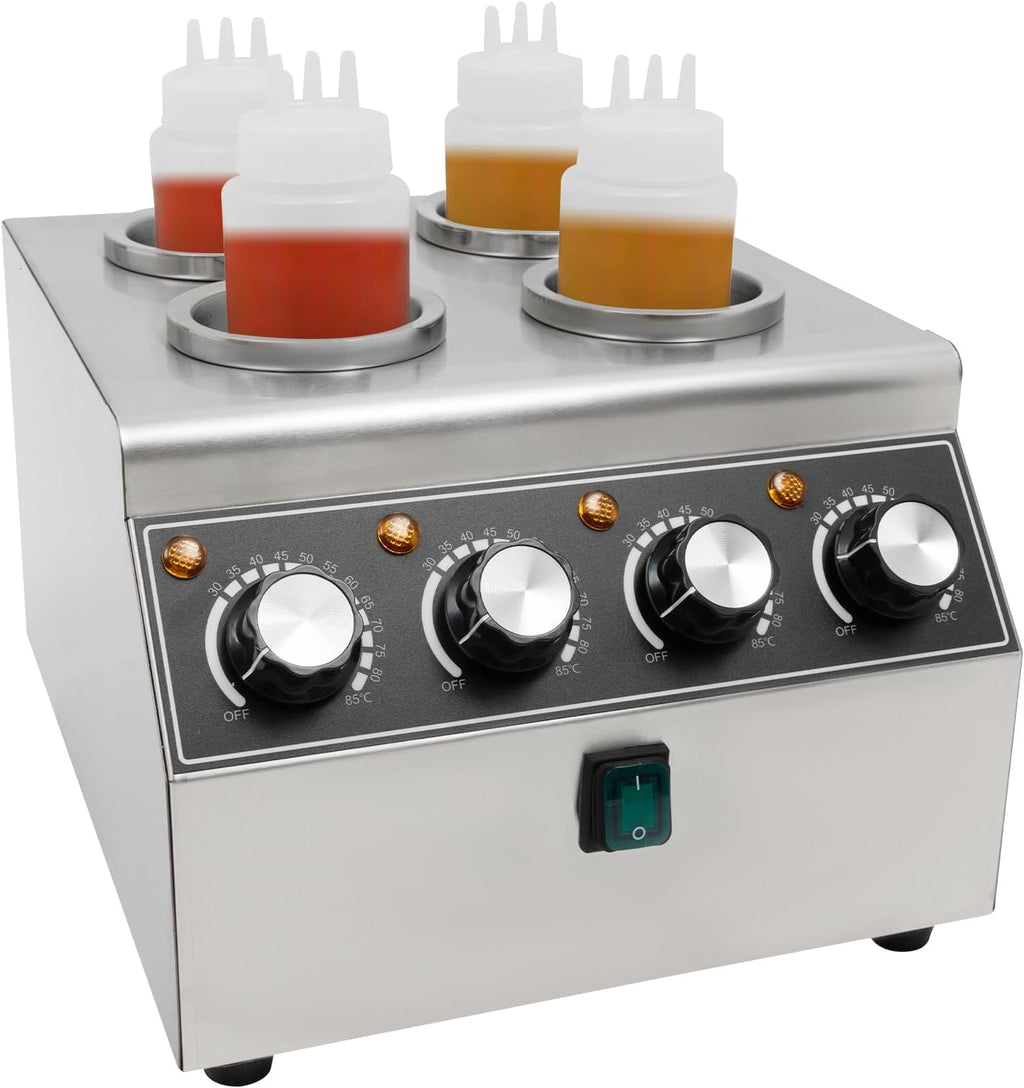 Electric Sauce Warmer Dispenser, 4 Grids Countertop Stainless Steel Sauce Heat Preservation Machine Hot Fudge Bottle Warmer Nacho Cheese Warmer Dispenser 86-185 ℉ 650ml