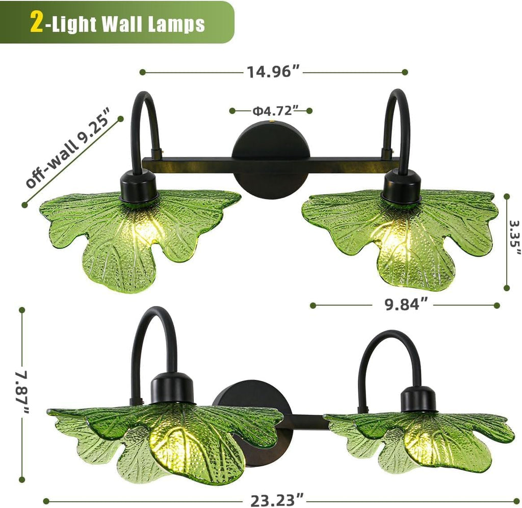 2-Light Wall Sconce Green Glass Vanity Light Vintage Matte Black Finished Mid Century Wall Sconce Light Black Wall Lighting Fixture for Bedside Doorway Bedroom, E26 Base