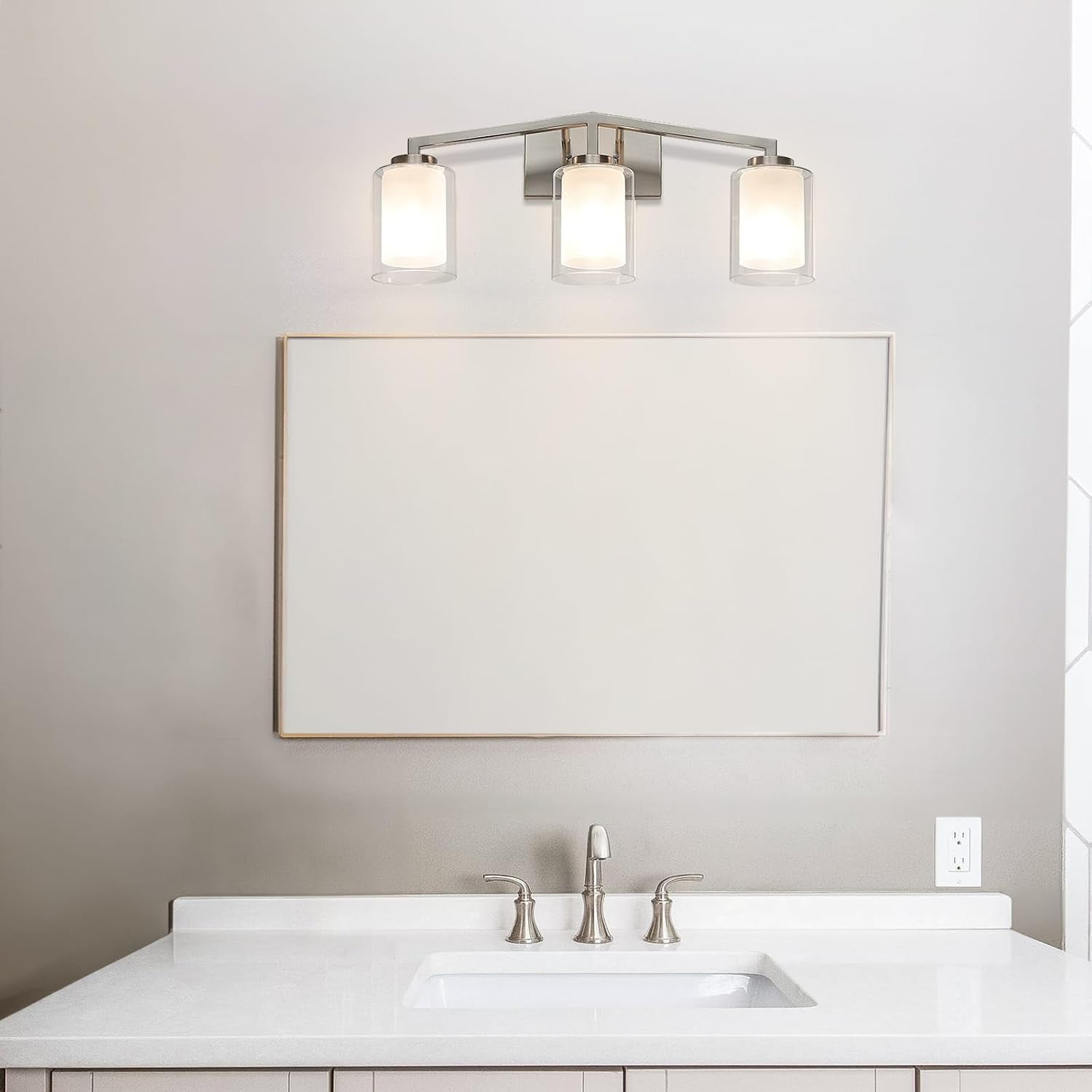 XiNBEi Lighting Brushed Nickel Bathroom Vanity Light, Modern 3-Light Bathroom Light Fixture with Dual Glass Shade Iron Wall Sconce Lighting Over Mirror XB-W1294-3-BN