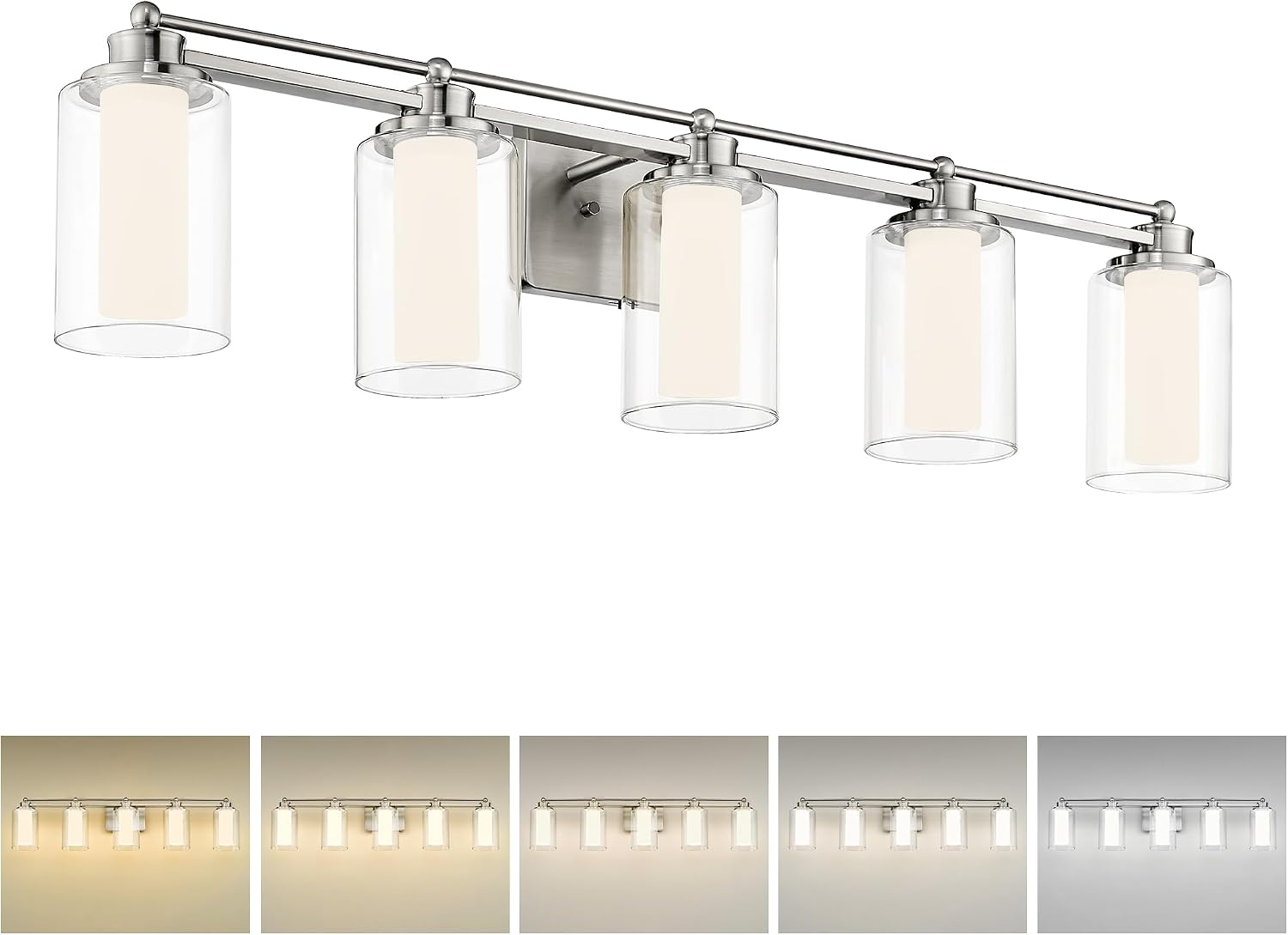 5 Light Bathroom Vanity Light, HWH Brushed Nickel Vanity Lights, Wall Mount Vanity Light Over Mirror, 30W 5CCT Dimmable LED Vanity Lights for Bathroom, 5HLT63B-5W-LED BN