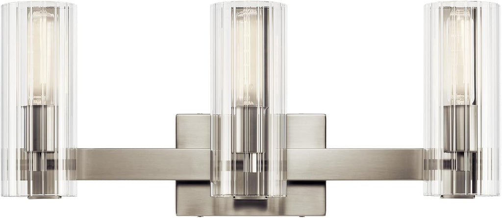 Kichler Jemsa 3-Light Bathroom Vanity Light Fixture, Modern Wall Mount with Clear Fluted Glass in Brushed Nickel for Powder Room or Mirror (9.75' x 22.75'), 55168NI