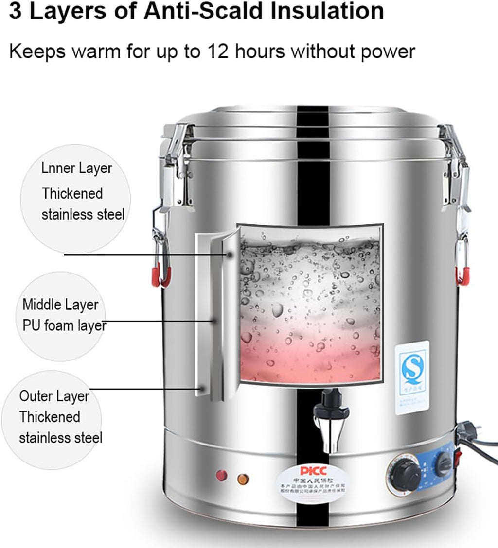 Commercial Electric Hot Water Urn, Stainless Steel Heating Tea Urn Insulated Bucket, Large Capacity Catering Urn，Hot Water Boiler Dispenser,30-110°C Temperature，for Restaurant Beverage Shop Party