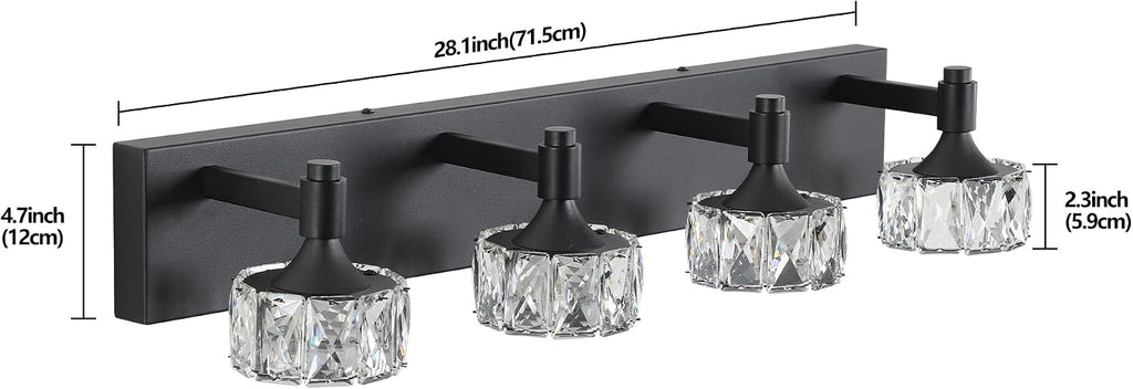 Modern 4-Light LED Vanity Light Dimmable with Faceted Crystal Shades 27.6 Inch Bathroom Lighting Fixture Matte Black and Brushed Gold Finish