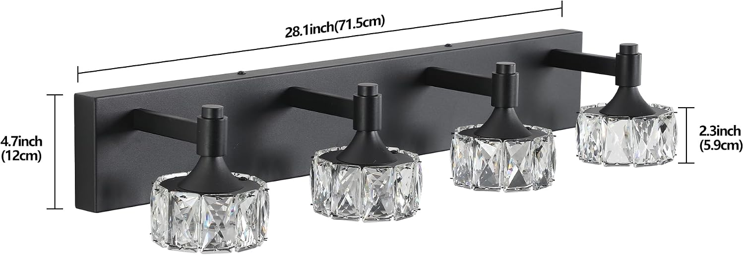 Modern 4-Light LED Vanity Light Dimmable with Faceted Crystal Shades 27.6 Inch Bathroom Lighting Fixture Matte Black and Brushed Gold Finish