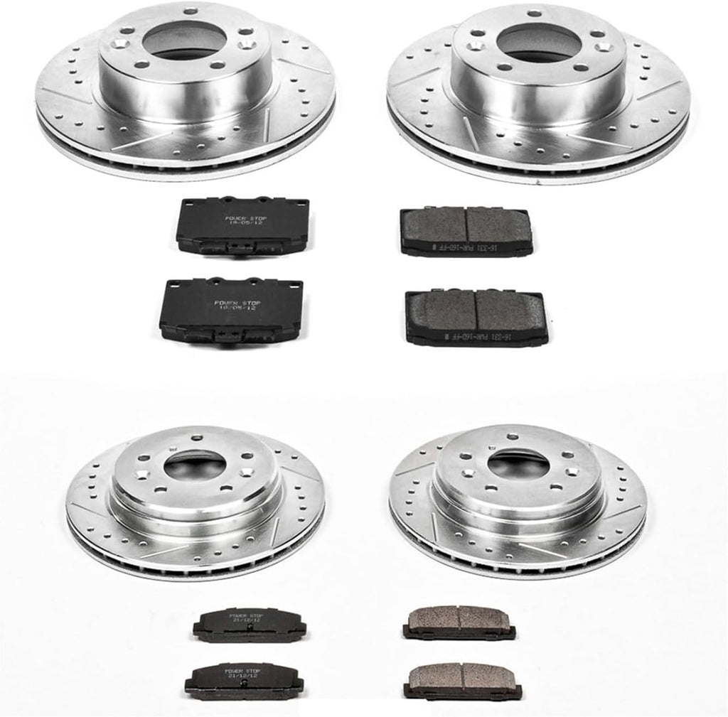 PowerStop Front and Rear Brake Kit for Mazda RX-7 1986-91 - Drilled and Slotted Disc Rotors with Carbon-Fiber Ceramic Brake Pads Replacement, K471