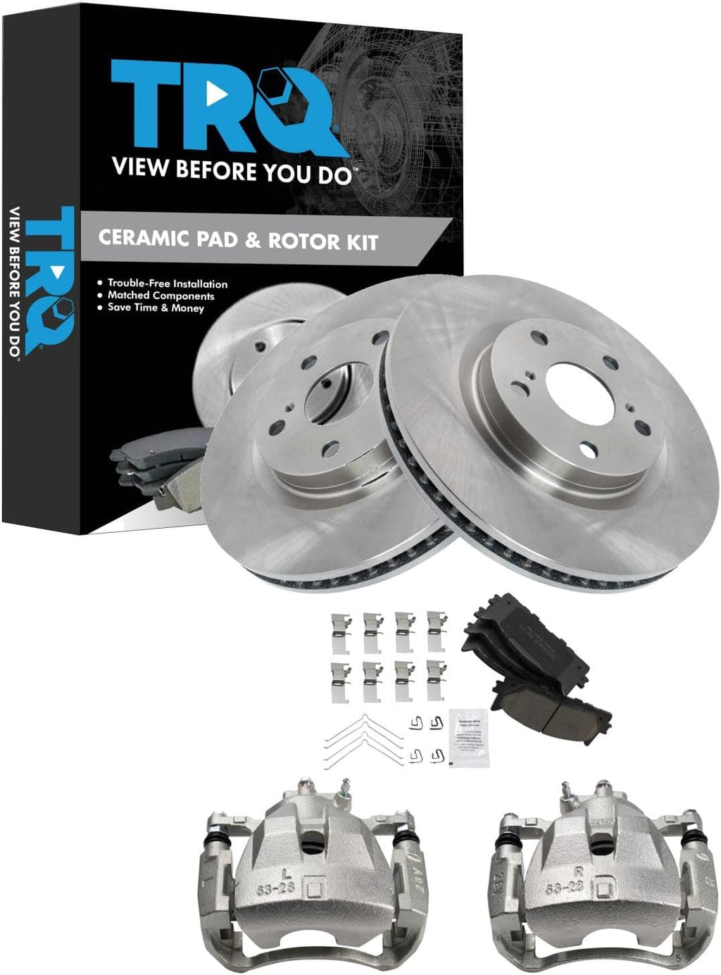 TRQ Front Brake Pad and Rotor Set Ceramic Vented Rotors Calipers Compatible with 2007-2012 Lexus ES350 2007-2011 Toyota Camry