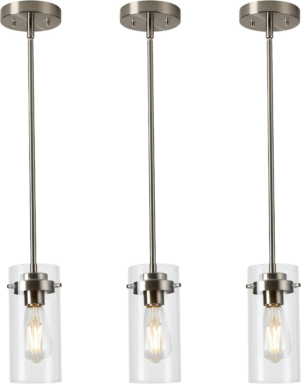 EAPUDUN Pendant Lights Kitchen Island (3 Pack), Clear Glass Shade Kitchen Lighting fixtures Ceiling Hanging, Brushed Nickel Light for Kitchen Island,Dining Room,Corridor Bedroom E26 Base