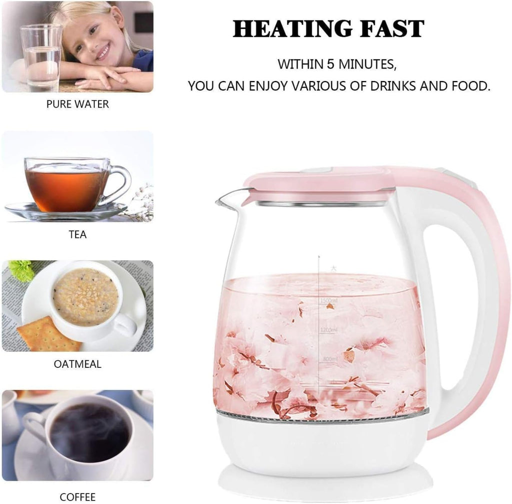 Eco Glass Electric Kettle, 1.8L Cordless Water Kettle with Blue Led Illuminated, Tea Water Kettle, Auto Shut-Off & Boil-Dry Protection, Stainless Steel Inner,Pink
