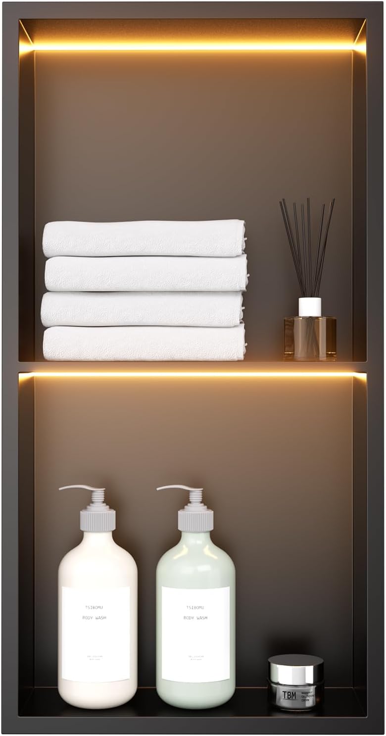 12' X 24' Stainless Steel Shower Niche with LED Lights, Matte Black Double Shelves Recessed Shower Niche No Tile Needed for Bathroom/Bedroom Storage