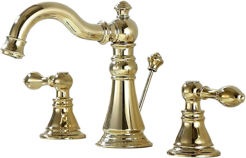Gold Finish Bathroom Faucet 8 Inch Widespread Polished Brass,Two-Handle Sink Faucet 3 Hole with Brass Pop up Drain Assembly, F-8303-PB