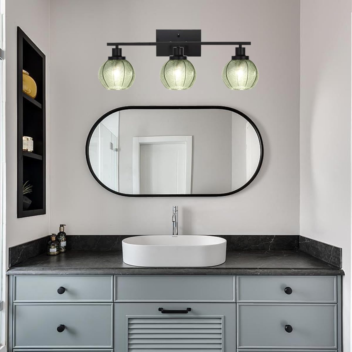 Farmhouse 3-Light Sage Green Glass Vanity Wall Light Fixture | Industrial 3-Light Sage Green Ribbed Globe Wall Sconce, E26 Lighting For Laundry, Powder Room, Hallway