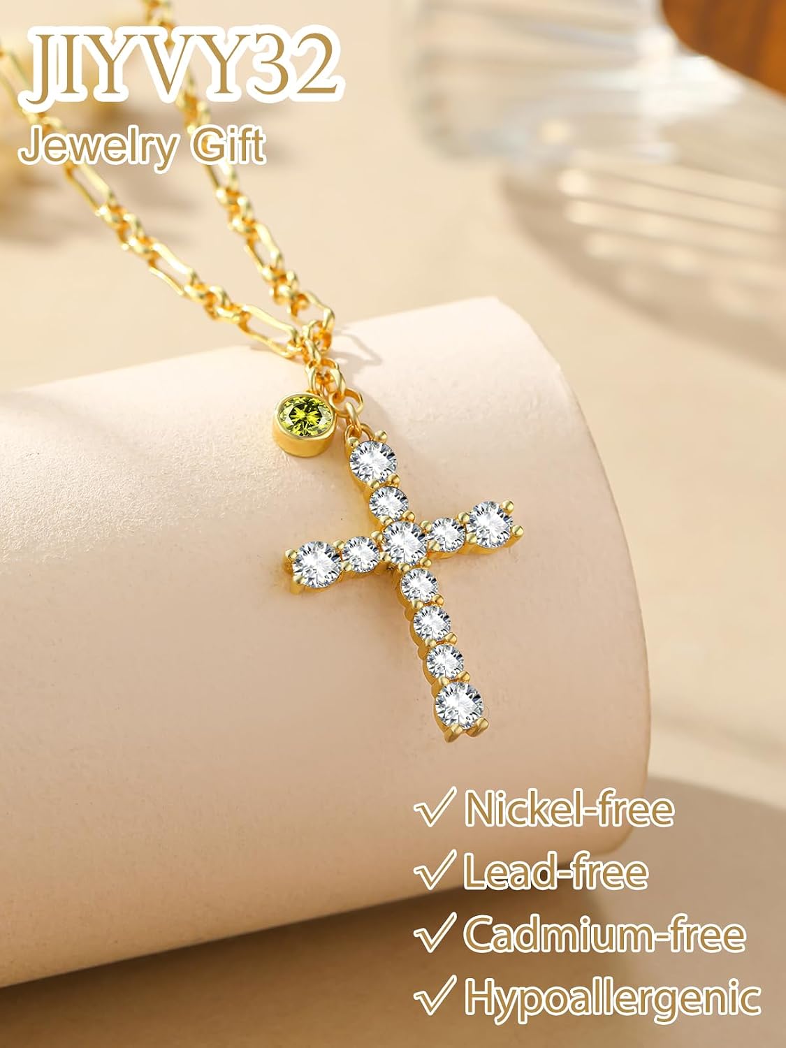 Cross Necklace for Women 14K Gold Birthstone Anniversary Birthday Gift for Wife Mom Protection Christian Jewelry Adjustable Chain