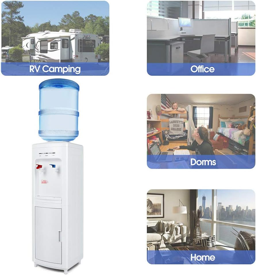 White Modern Top Loading Water Cooler Dispenser Freestanding 5 Gallon Cold Hot with Storage Cabinet Home Electric Countertop Office Plastic Stainless Steel 11.22'L x 11.42'W x 32.28'H