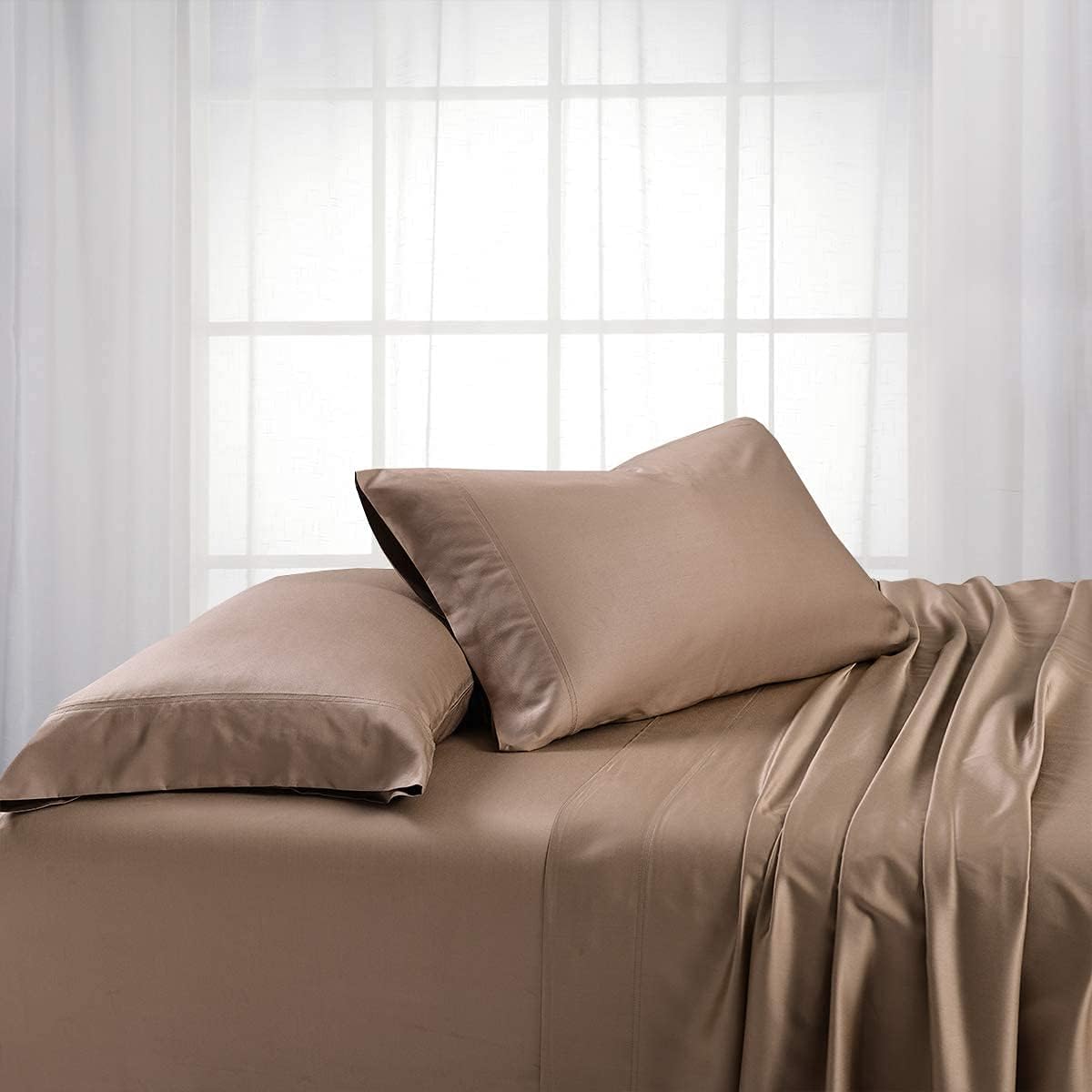 Solid 600-Thread-Count, Viscose Derived from Bamboo, Super Soft and Cool Bed Sheets Set (Twin Extra Long-XL, Taupe)