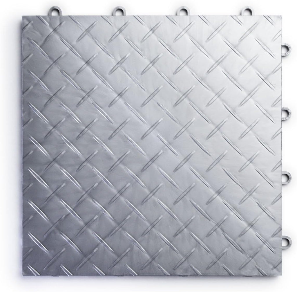 Big Floors RaceDeck Garage Floor Tiles, Interlocking Garage Flooring, Diamond Plate Pattern Heavy-Duty Copolymer Modular Tile (Alloy, 48 Pack of Tiles, 48 Sq Ft)