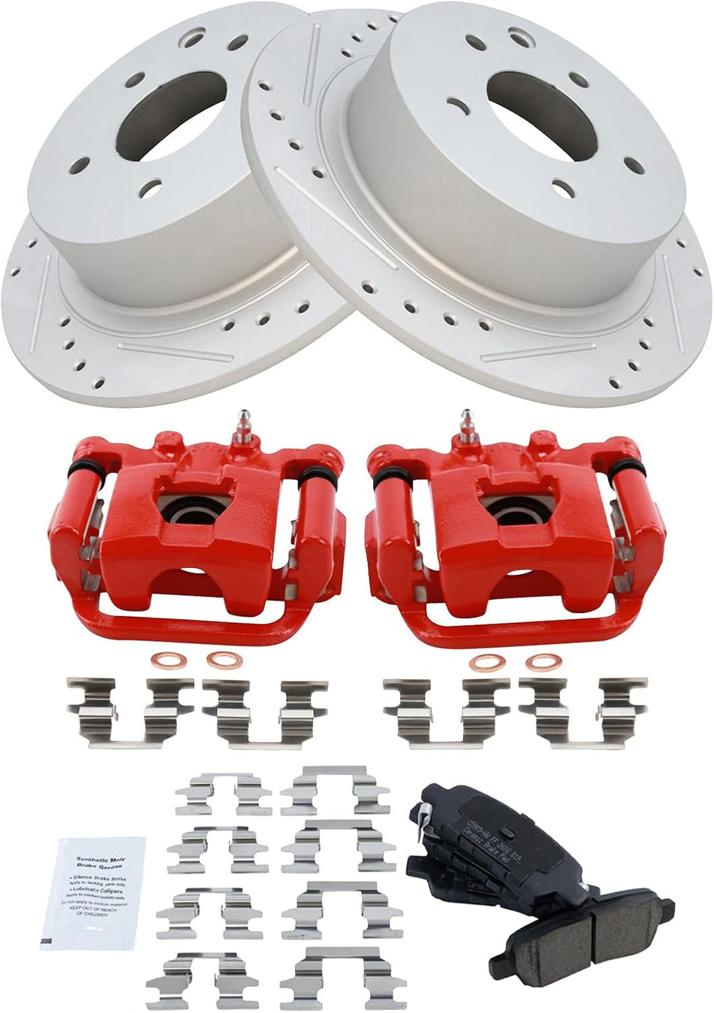 TRQ Performance Rear Brake Pad and Rotor Set Ceramic Coated Drilled Slotted Vented Rotors Calipers Red Compatible with 2009-2012 Nissan Altima 2007-2008 Maxima