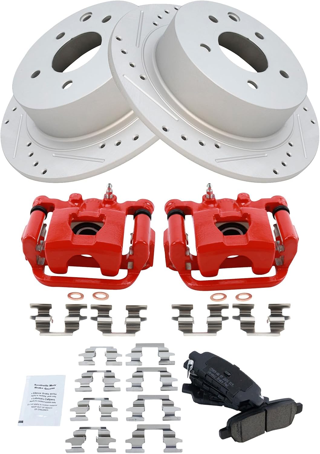 TRQ Performance Rear Brake Pad and Rotor Set Ceramic Coated Drilled Slotted Vented Rotors Calipers Red Compatible with 2009-2012 Nissan Altima 2007-2008 Maxima