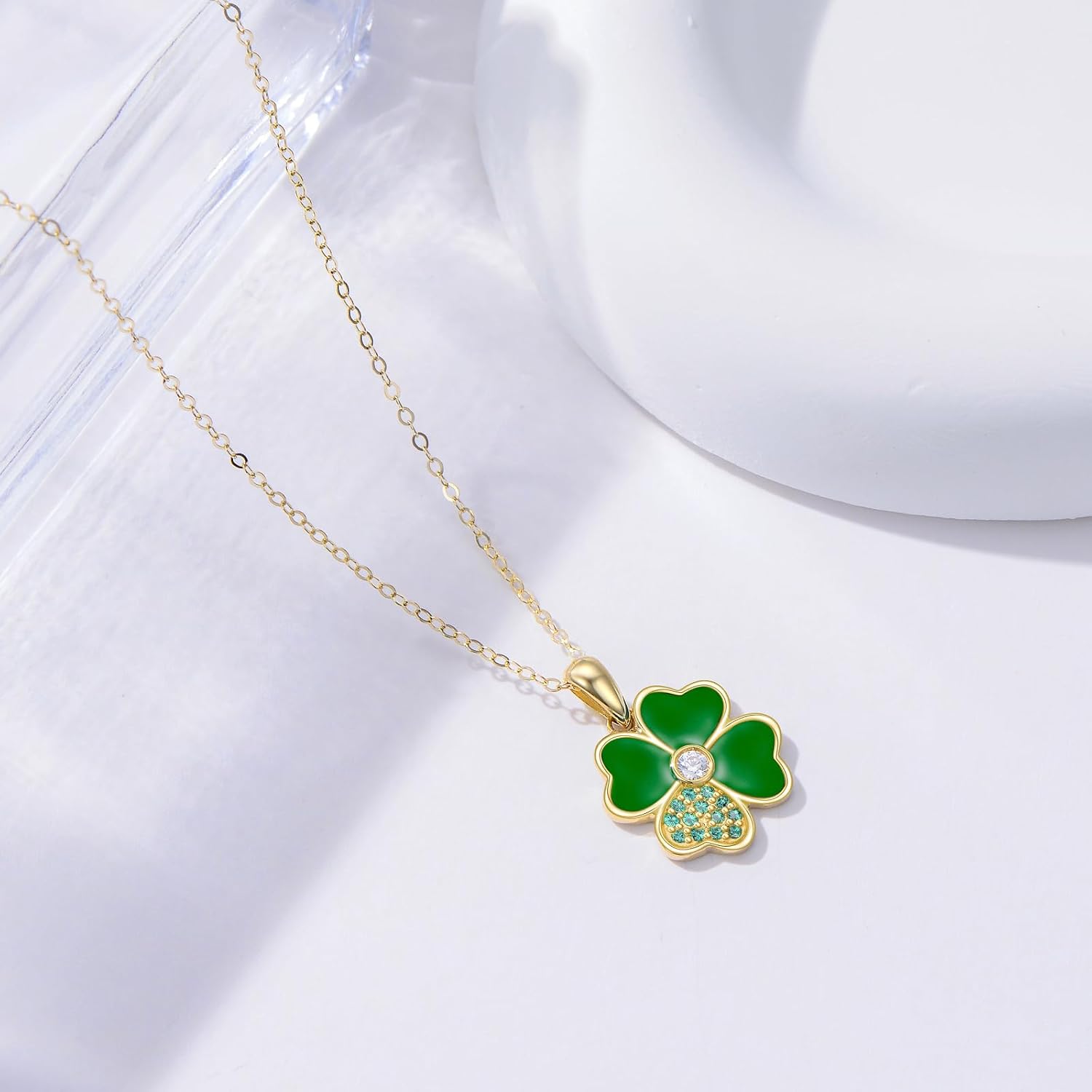 Aihpos Four Leaf Clover Necklace for Women 14K Solid Gold Green Lucky 4 Leaf Clover Necklace Ladybug Necklace