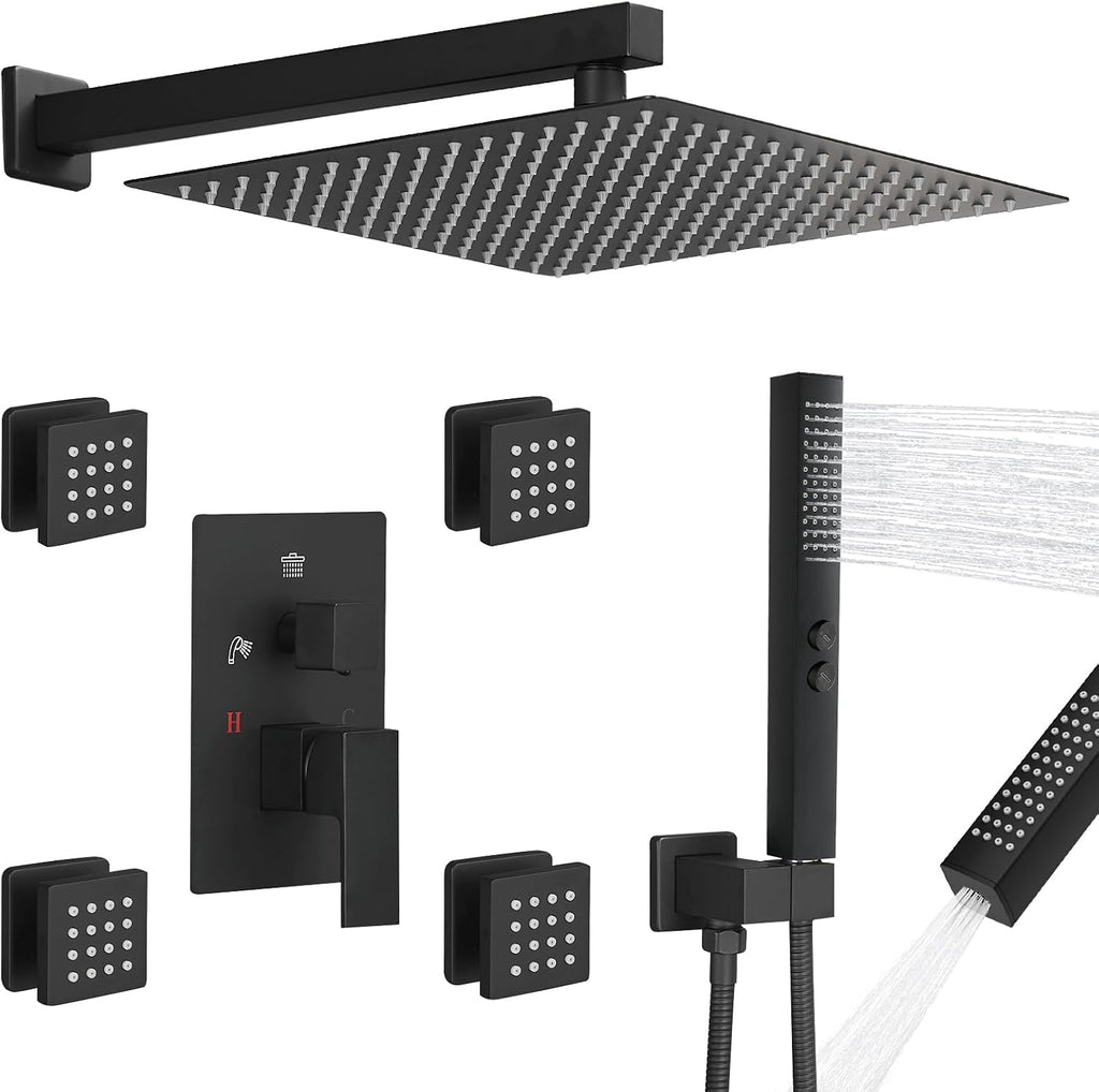 RUMOSE Rainfall Shower System with 4 Full Body Jet 4 Mode Shower Faucet Set with 12 Inch Rain Shower Head and 2 in 1 Handheld Spray, Matte Black Brass Shower Jet Shower Fixtures, Wall Mounted
